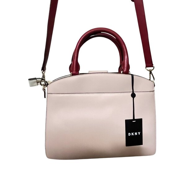 DKNY CLARA LEATHER SATCHEL CROSSBODY BAG RED PINK GOLD TONE COLORBLOCK NWT - Picture 6 of 13